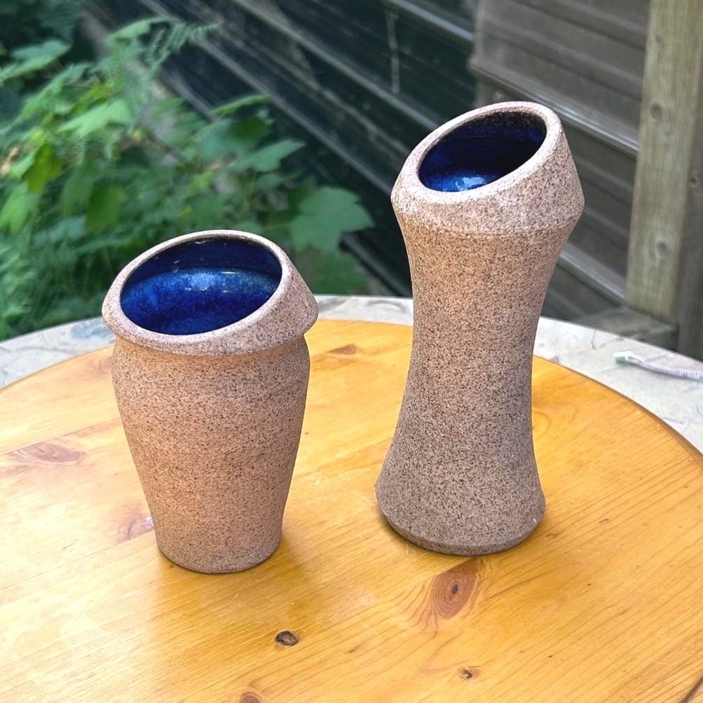 Vintage Studio Pottery Vase Set Cobalt Blue Glaze Ceramic Pair MCM Signed ML 99